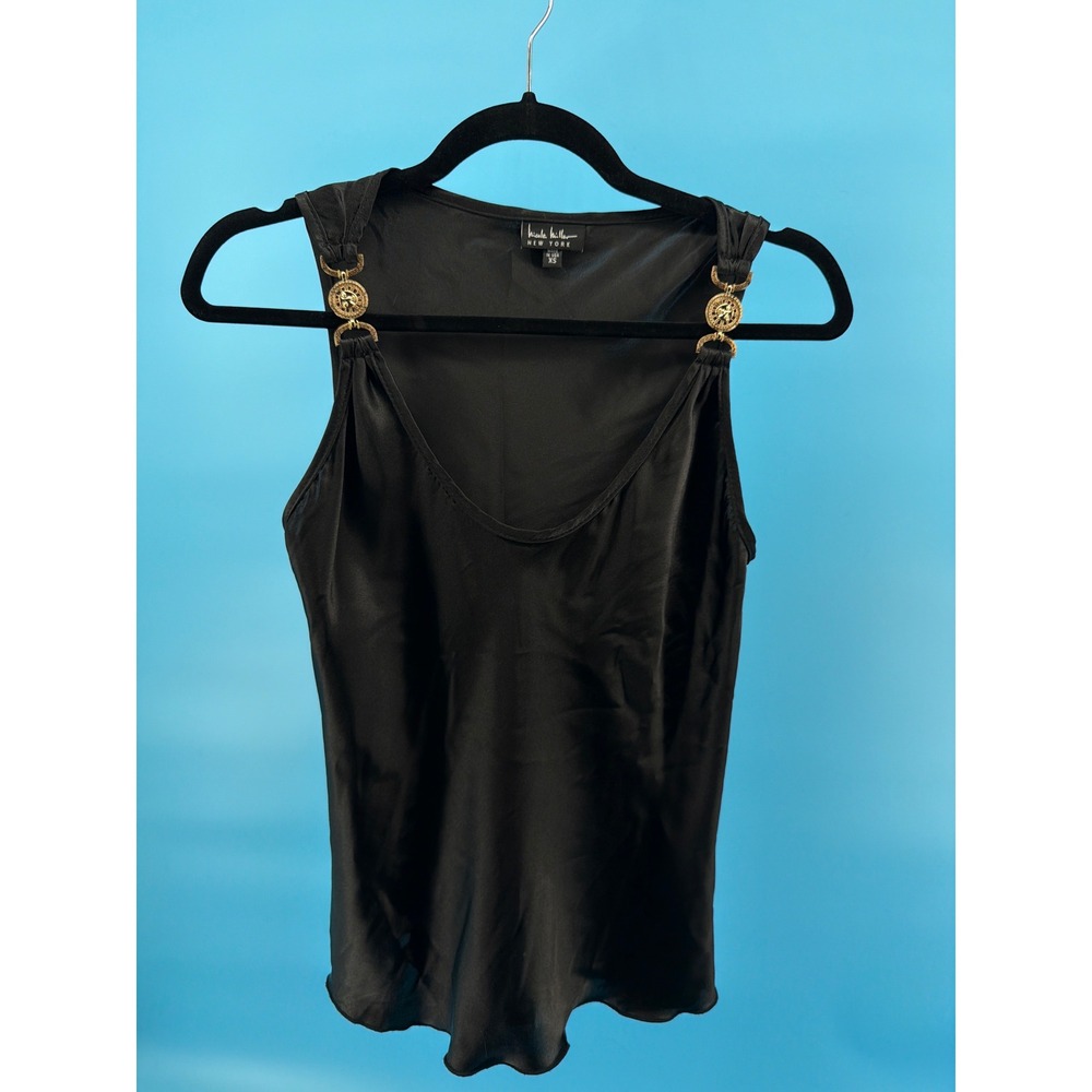 Nicole Miller New York Black Silk Tank Top Gold Medallion Hardware XS